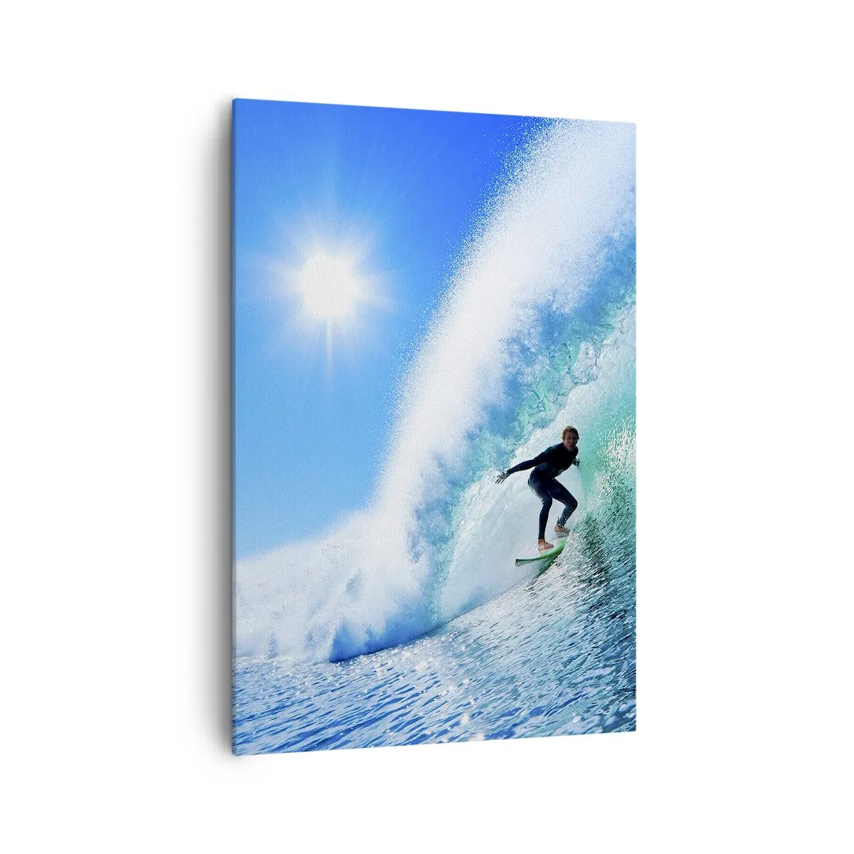 Impression sur toile - Image sur toile - Un surfeur sur une planche chevauche une vague puissante sous un ciel bleu. - 70x100cm - A travers le grand ciel bleu - Décoration murale moderne pour le salon et la chambre ARTTOR