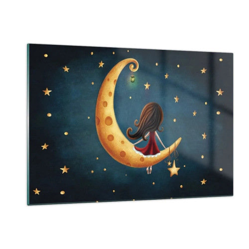 Impression sur verre - Image sur verre - Une fille sur la lune parmi les étoiles sur un fond bleu marine - 120x80cm - Il était une fois... - Décoration murale moderne pour le salon et la chambre ARTTOR