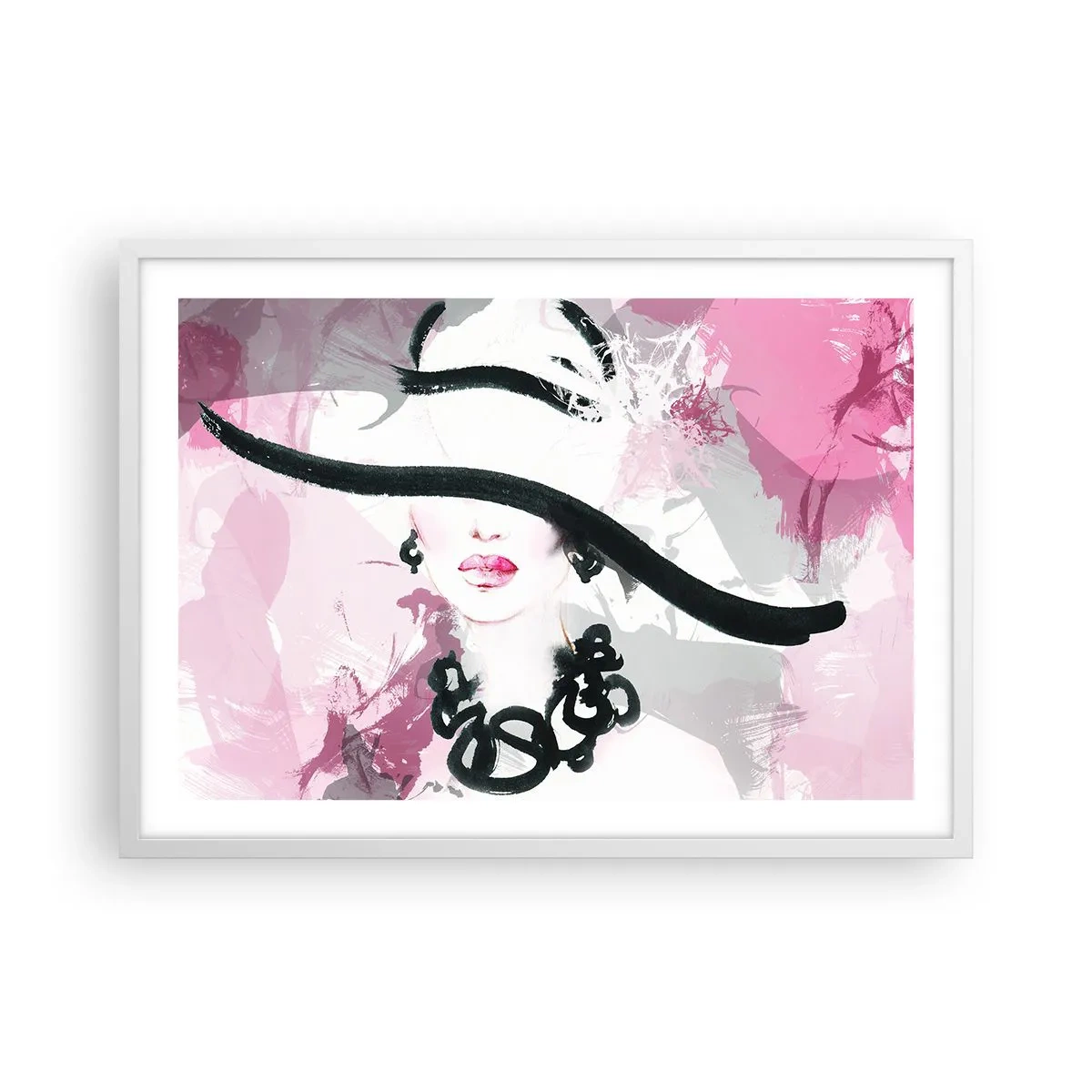 Affiche dans un cadre blanc - Poster - Portrait d'une dame en noir et rose - 70x50 cm