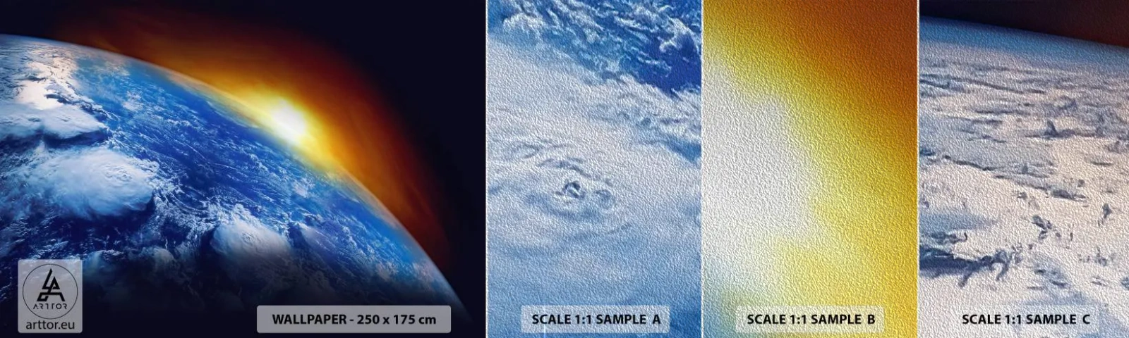Échantillon de Papier Peint Premium Sand - Lever de soleil sur la planète bleue - Abstraction, 3D, Cosmos - 100x30 cm