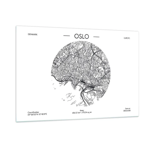 Impression sur verre - Image sur verre - Plan de la ville d'Oslo en style graphique noir et blanc - 120x80cm - Anatomie d’Oslo - Décoration murale moderne pour le salon et la chambre ARTTOR