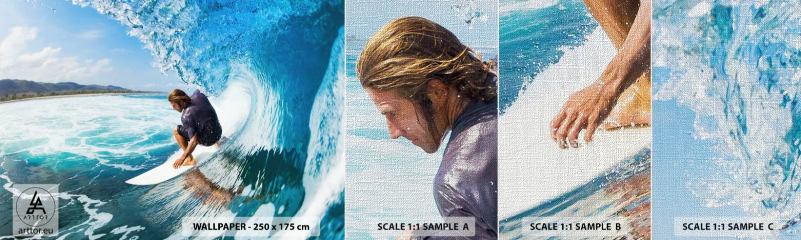 Échantillon de Papier Peint Premium Canvas - Danse avec les vagues - sport, Surfant, Planche de surf - 100x30 cm