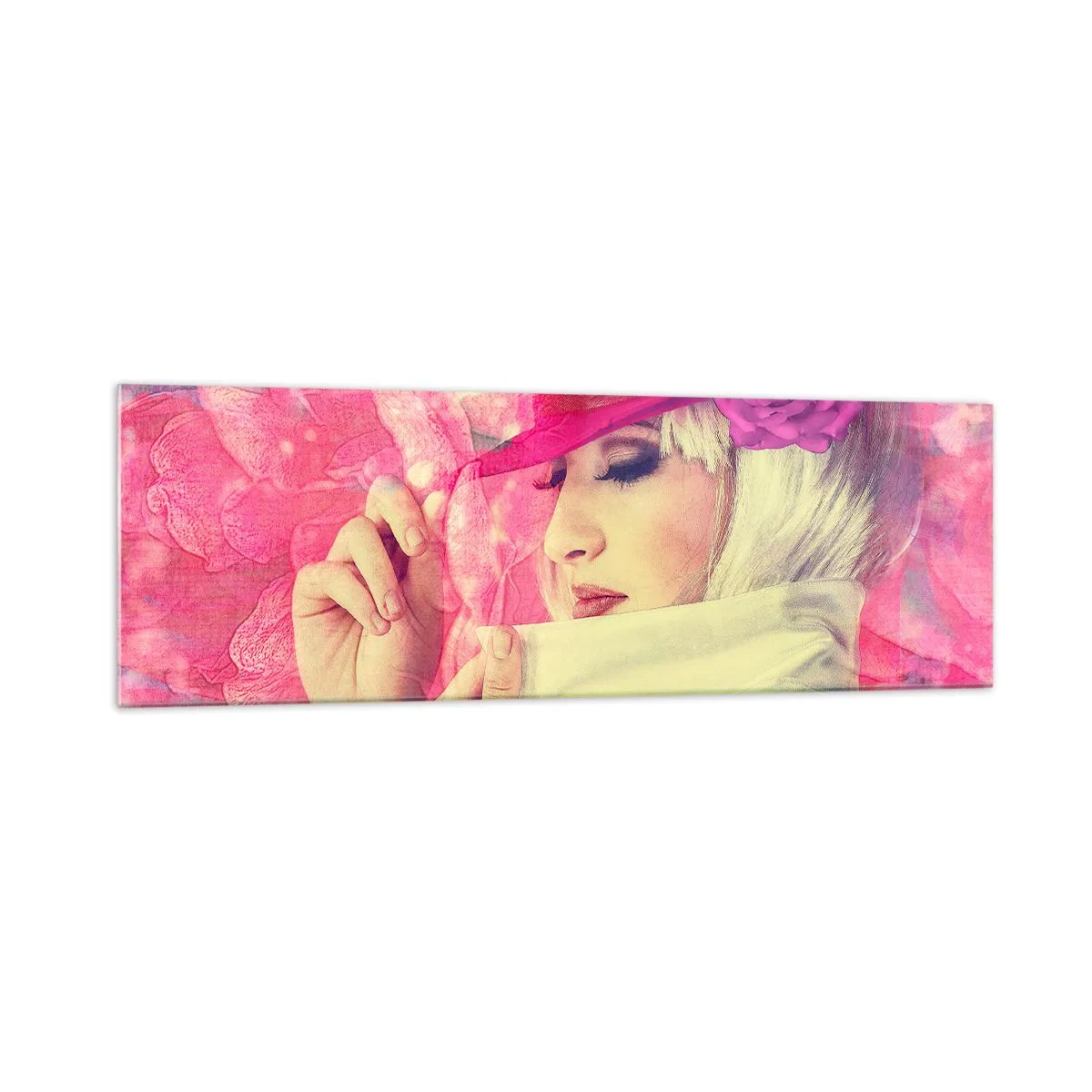 Impression sur verre - Image sur verre - Femme élégante avec un chapeau rose avec une fleur - 160x50cm - Portrait rétro dans une brume rose - Décoration murale moderne pour le salon et la chambre ARTTOR