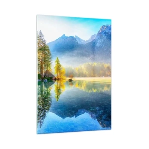 Impression sur verre - Image sur verre - Paysage de montagne avec un lac et le soleil du matin - 50x70cm - Majesté et douceur - Décoration murale moderne pour le salon et la chambre ARTTOR