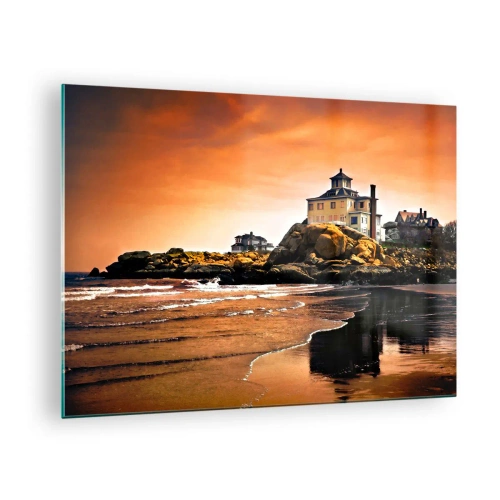 Impression sur verre - Image sur verre - Maison sur une falaise surplombant la mer au coucher du soleil - 70x50cm - L'élégance de la côte ouest - Décoration murale moderne pour le salon et la chambre ARTTOR