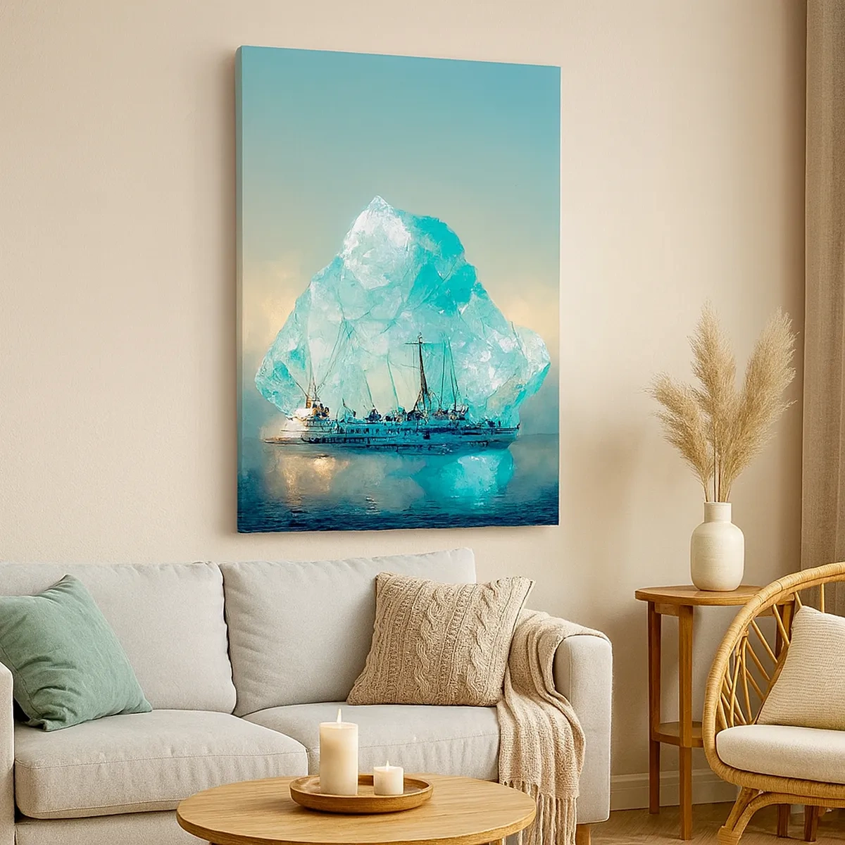 Impression sur toile - Image sur toile - Un navire avec un iceberg majestueux en arrière-plan - 50x70cm - Diamant arctique - Décoration murale moderne pour le salon et la chambre ARTTOR