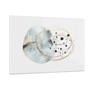 Impression sur verre - Image sur verre - Composition abstraite avec une tache bleue et des lignes dorées - 120x80cm - Emmêlement de l'espace - Décoration murale moderne pour le salon et la chambre ARTTOR