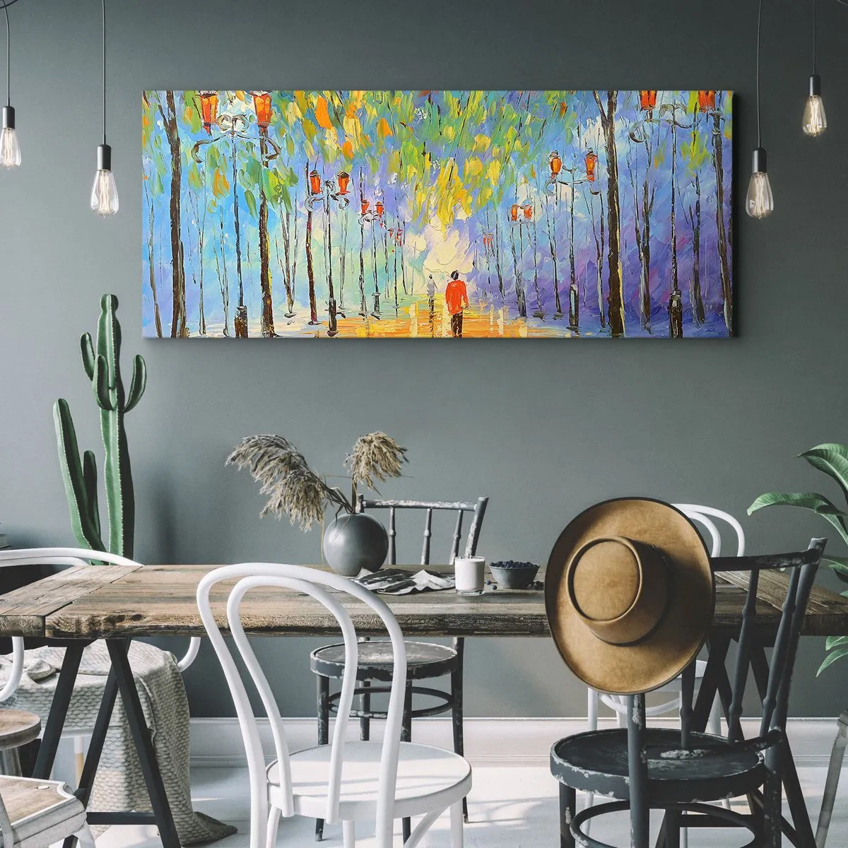 Impression sur toile - Image sur toile - Une promenade pittoresque parmi les lanternes par une nuit pluvieuse - 160x50cm - Chant nocturne de la pluie - Décoration murale moderne pour le salon et la chambre ARTTOR