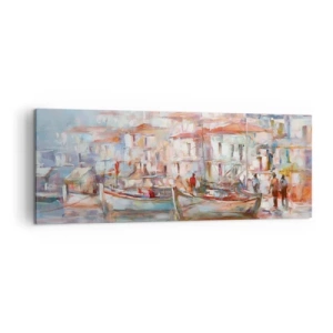 Impression sur toile - Image sur toile - Impression de port avec bateaux et bâtiments - 140x50cm - Vacances pastelles - Décoration murale moderne pour le salon et la chambre ARTTOR