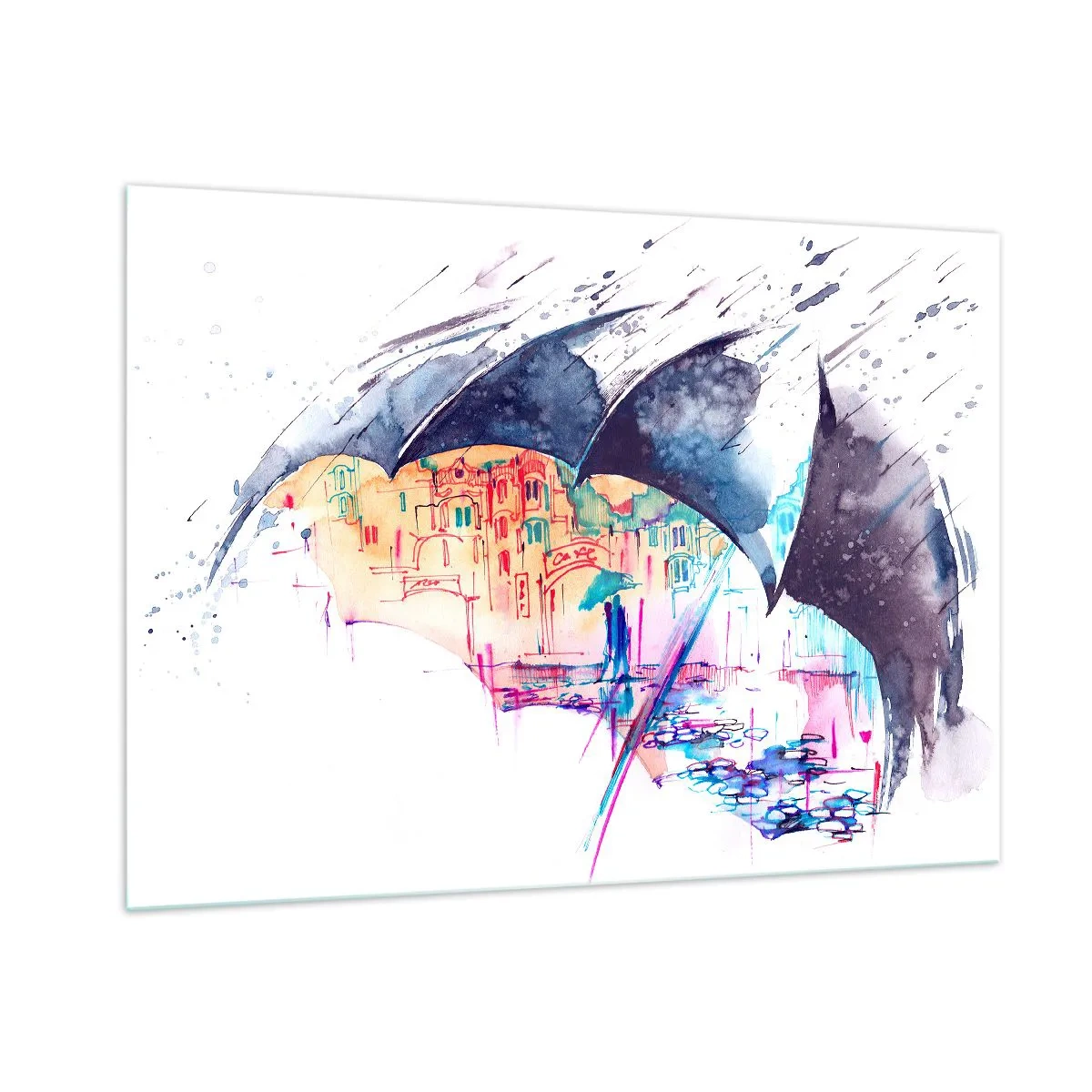 Impression sur verre - Image sur verre - Une ville colorée en arrière-plan sous un parapluie noir - 100x70cm - Se promener sous la pluie - Décoration murale moderne pour le salon et la chambre ARTTOR