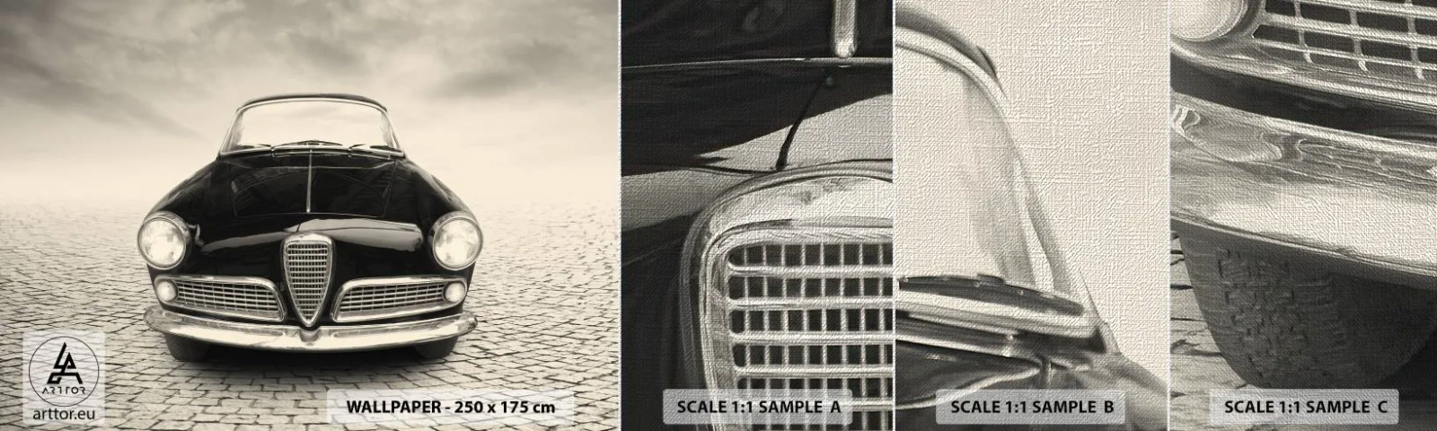 Échantillon de Papier Peint Premium Canvas - Et alors! Tu ne m'aime pas? - Voiture, Ancien, Noir et blanc - 100x30 cm