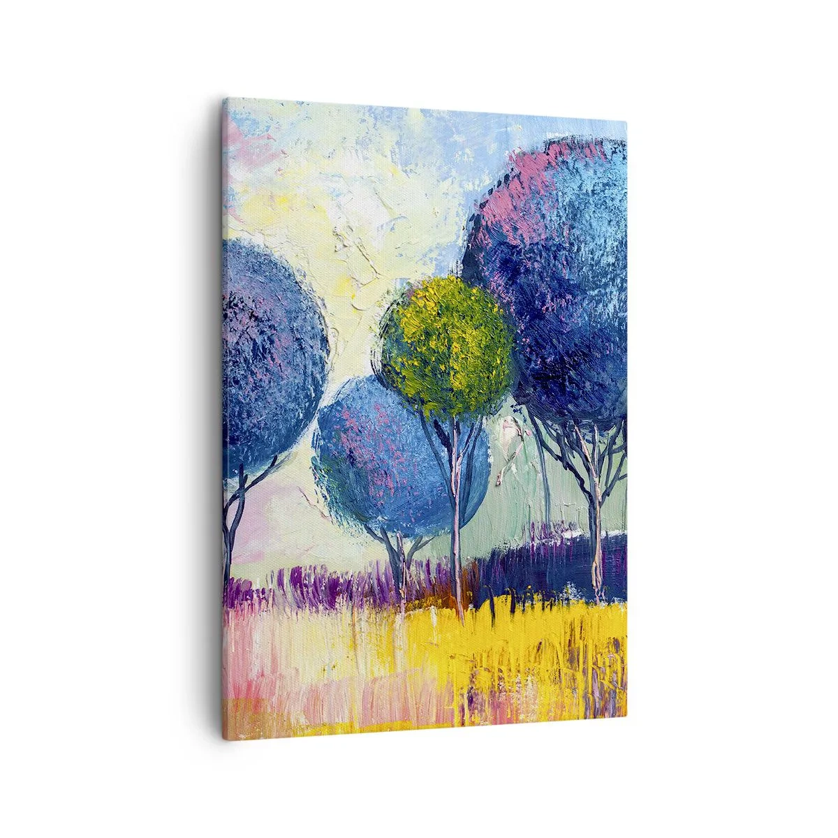 Impression sur toile - Image sur toile - Arbres colorés en forme de boule sur fond de paysage - 50x70cm - Sphère - la forme idéale - Décoration murale moderne pour le salon et la chambre ARTTOR