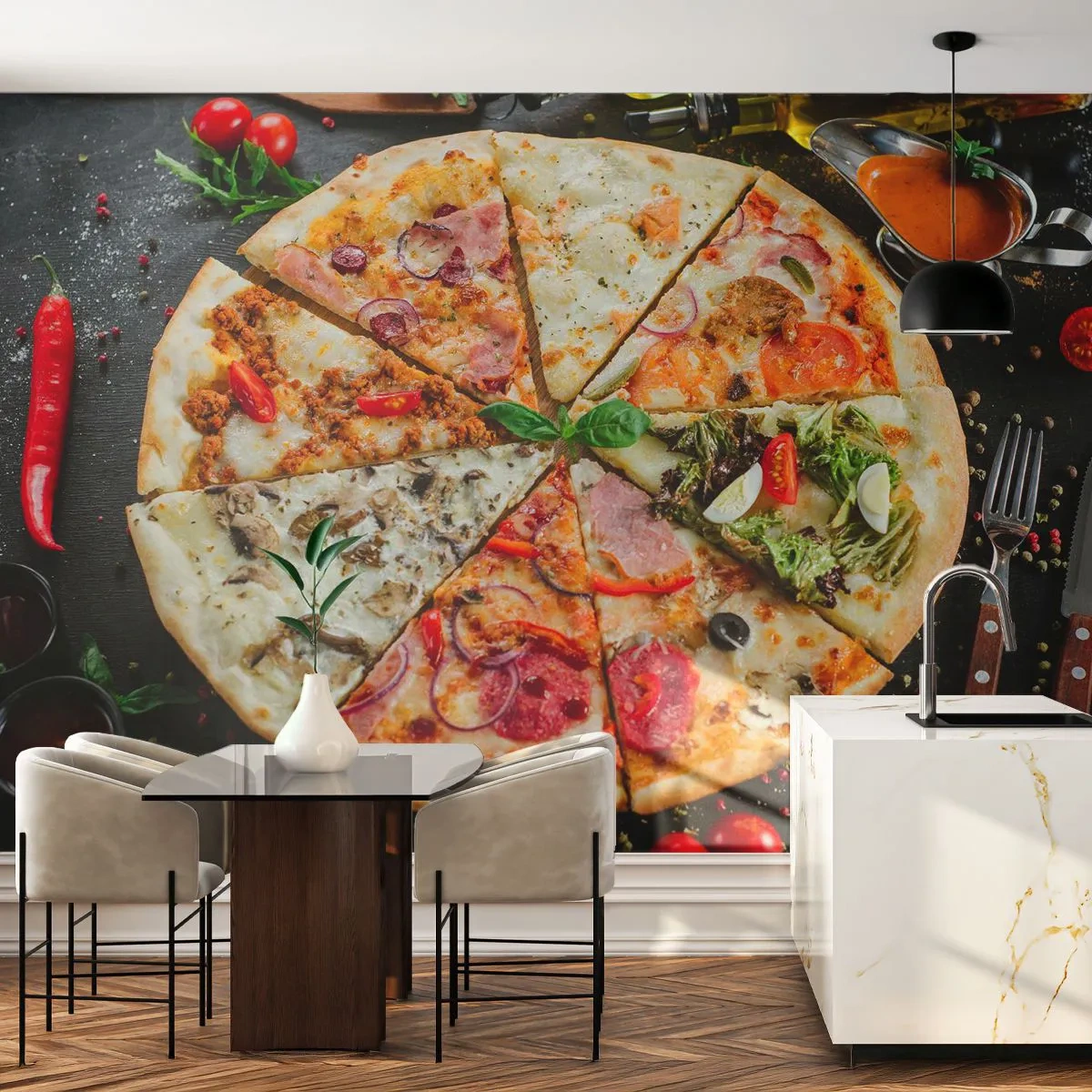 Papier Peint Autocollant Deluxe Sticker - Une gamme de saveurs - La gastronomie, Pizza, Italie - 250x175 cm