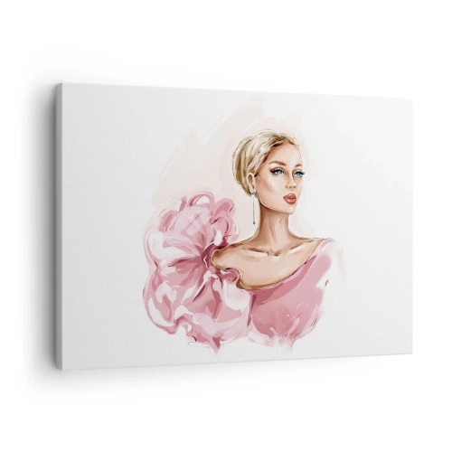 Impression sur toile - Image sur toile - Portrait d'une femme en robe rose sur fond clair - 70x50cm - Comme peinte... - Décoration murale moderne pour le salon et la chambre ARTTOR