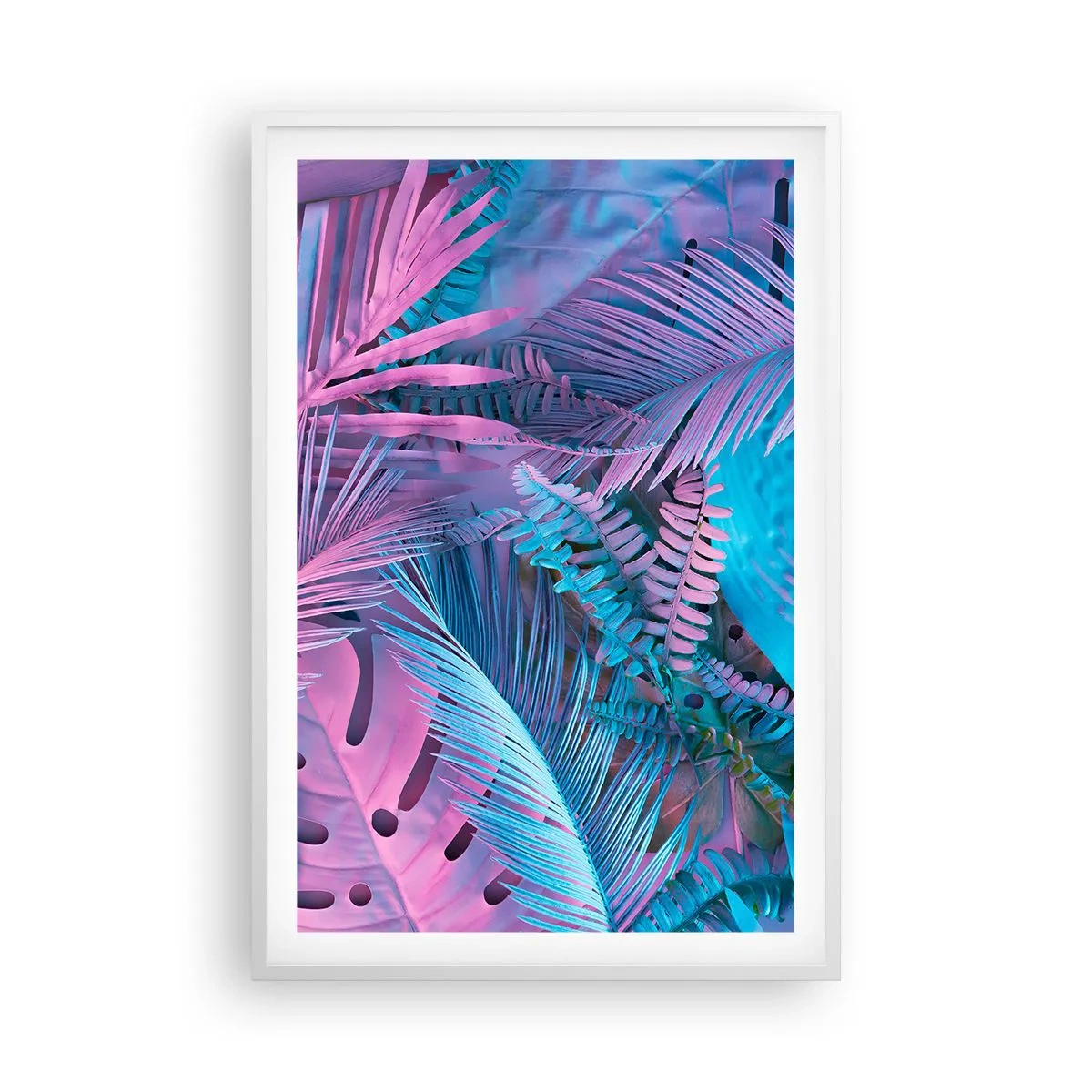Affiche dans un cadre blanc - Poster - Les tropiques en rose et bleu - 61x91 cm