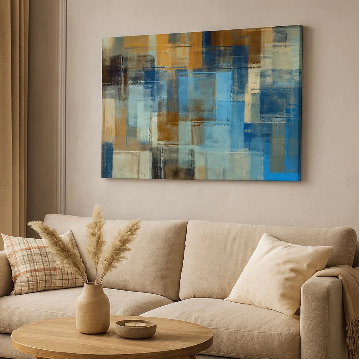 Impression sur toile - Image sur toile - Composition géométrique abstraite dans les tons de bleu et de marron - 70x50cm - A travers le voile bleu - Décoration murale moderne pour le salon et la chambre ARTTOR