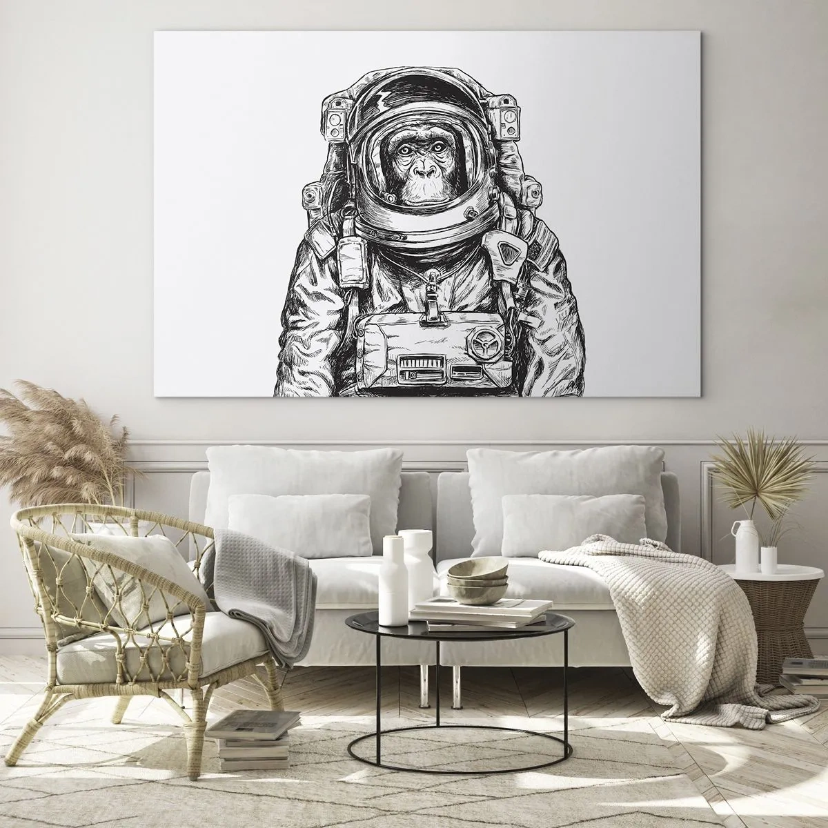Impression sur verre - Image sur verre - Croquis d'un singe en combinaison d'astronaute sur fond blanc - 120x80cm - Évolution alternative - Décoration murale moderne pour le salon et la chambre ARTTOR