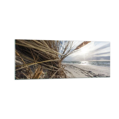 Impression sur verre - Image sur verre - Une plage avec de l'herbe sèche sur les dunes et une vue sur la mer - 140x50cm - Rencontre des éléments - Décoration murale moderne pour le salon et la chambre ARTTOR