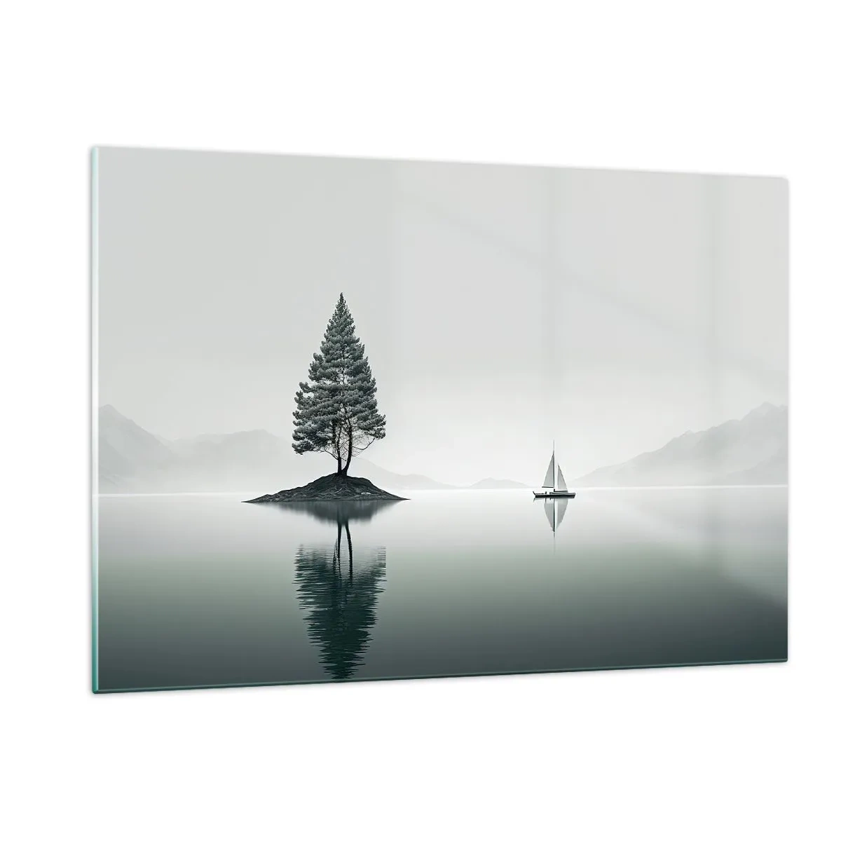 Impression sur verre - Image sur verre - Un arbre solitaire sur une île et un voilier sur un lac calme - 120x80cm - Un rêve somnolent - Décoration murale moderne pour le salon et la chambre ARTTOR