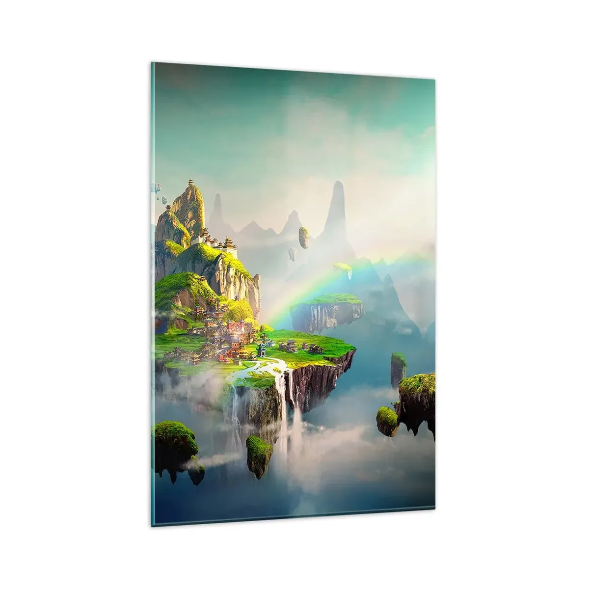 Impression sur verre - Image sur verre - Des îles volantes parmi les nuages avec un arc-en-ciel à l'horizon - 80x120cm - Au milieu des cieux - îles du bonheur - Décoration murale moderne pour le salon et la chambre ARTTOR