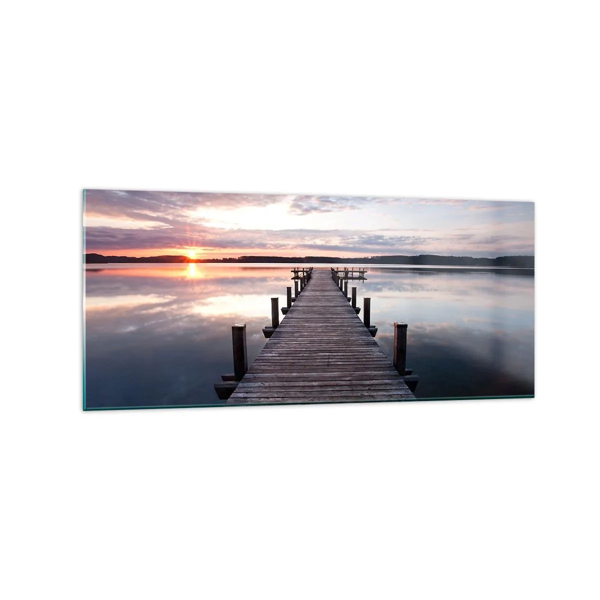 Impression sur verre - Image sur verre - Une jetée sur un lac au coucher du soleil dans un paysage paisible - 120x50cm - Une frontière tranquille entre le jour et la nuit - Décoration murale moderne pour le salon et la chambre ARTTOR