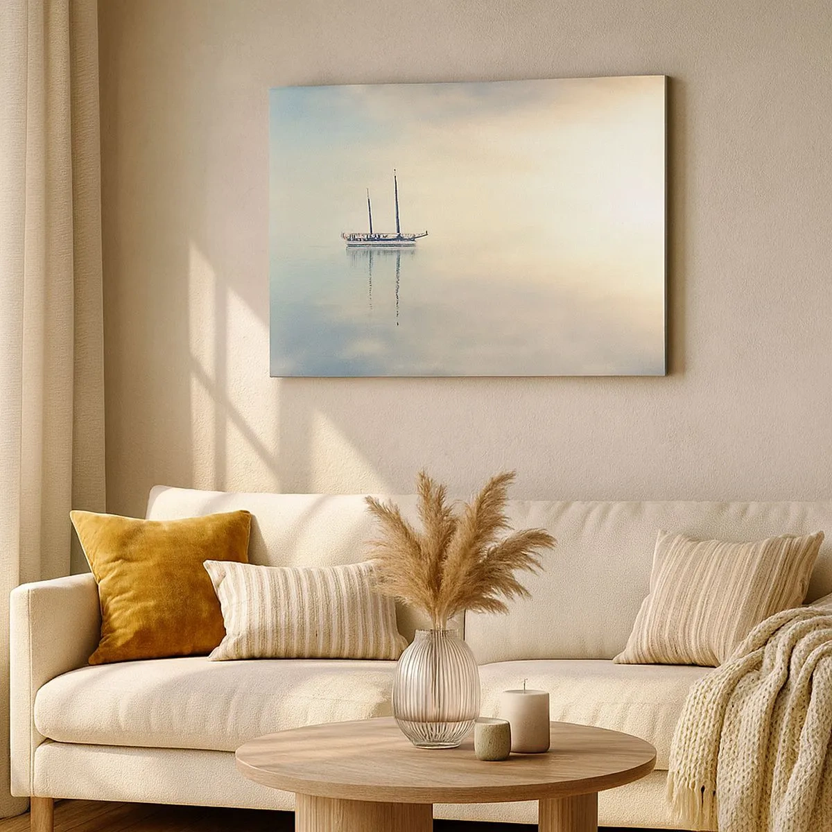 Impression sur toile - Image sur toile - Un bateau sur une mer calme dans une douce lumière - 70x50cm - Dans une mer de silence - Décoration murale moderne pour le salon et la chambre ARTTOR