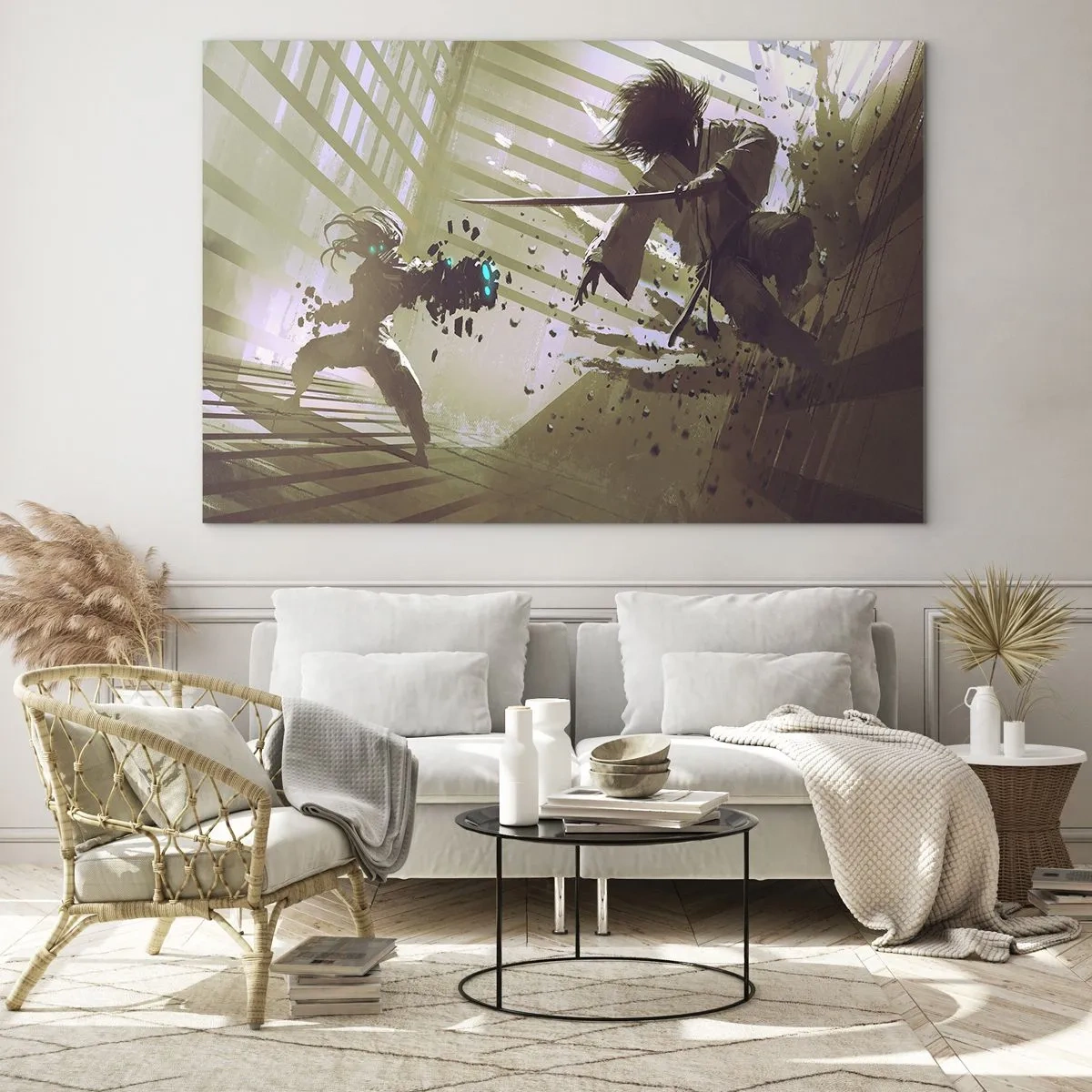 Impression sur verre - Image sur verre - Duel de samouraïs dans une scène dynamique - 70x50cm - Et tu peux être un samouraï - Décoration murale moderne pour le salon et la chambre ARTTOR