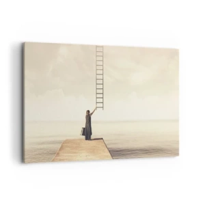 Impression sur toile - Image sur toile - Une femme debout sur une jetée avec une échelle menant au ciel - 100x70cm - Voyage magique - Décoration murale moderne pour le salon et la chambre ARTTOR