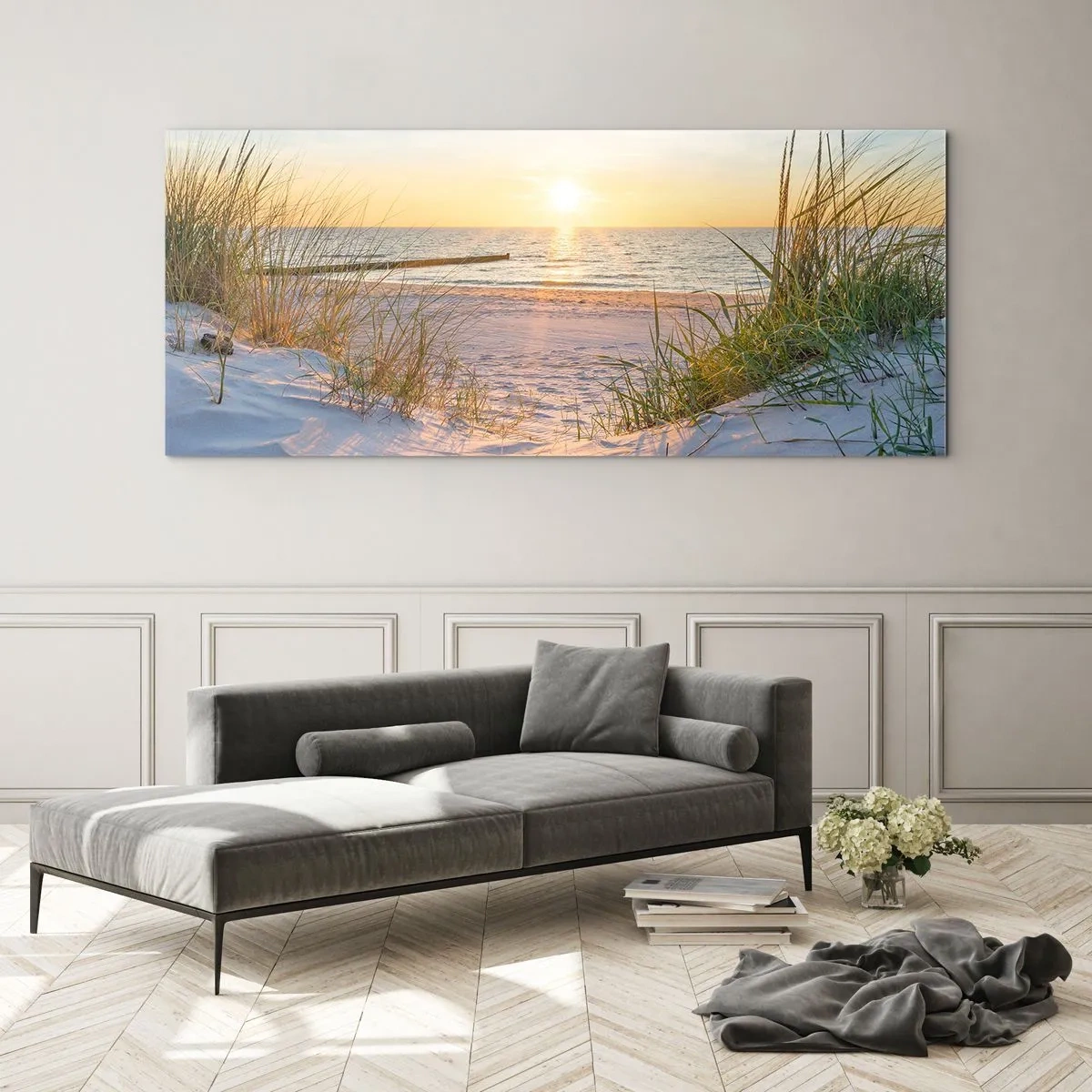 Impression sur verre - Image sur verre - Une plage de sable avec vue sur le coucher de soleil sur la mer - 160x50cm - Le bruit de la mer, le chant des oiseaux, une plage sauvage parmi les herbes… - Décoration murale moderne pour le salon et la chambre ART