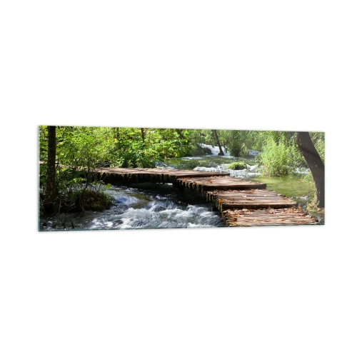 Impression sur verre - Image sur verre - Un pont en bois sur un ruisseau tumultueux entouré par la verdure de la forêt. - 160x50cm - Au-dessus de la cascade mousseuse - Décoration murale moderne pour le salon et la chambre ARTTOR