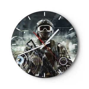 Horloge murale - Pendule murale - La figure d'un soldat en équipement moderne sur fond de graphismes technologiques - 30x30cm - Puissance sans limite - Décoration murale moderne pour le salon, la cuisine et la chambre ARTTOR