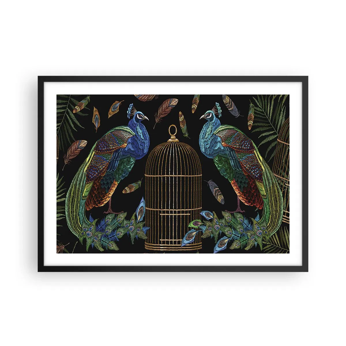 Affiche dans un cadre noir - Poster - Paons à côté d'une cage dorée sur fond noir - 70x50cm - En robes royales - Décoration murale moderne pour le salon et la chambre ARTTOR