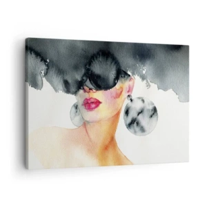 Impression sur toile - Image sur toile - Une femme portant des lunettes élégantes et de grandes boucles d'oreilles - 70x50cm - Secret de l'élégance - Décoration murale moderne pour le salon et la chambre ARTTOR