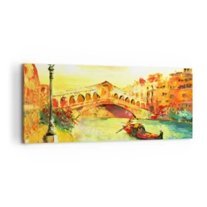 Impression sur toile - Image sur toile - Un pont pittoresque sur le canal avec une gondole à la lumière du soleil couchant - 120x50cm - Un pèlerinage d'amoureux - Décoration murale moderne pour le salon et la chambre ARTTOR
