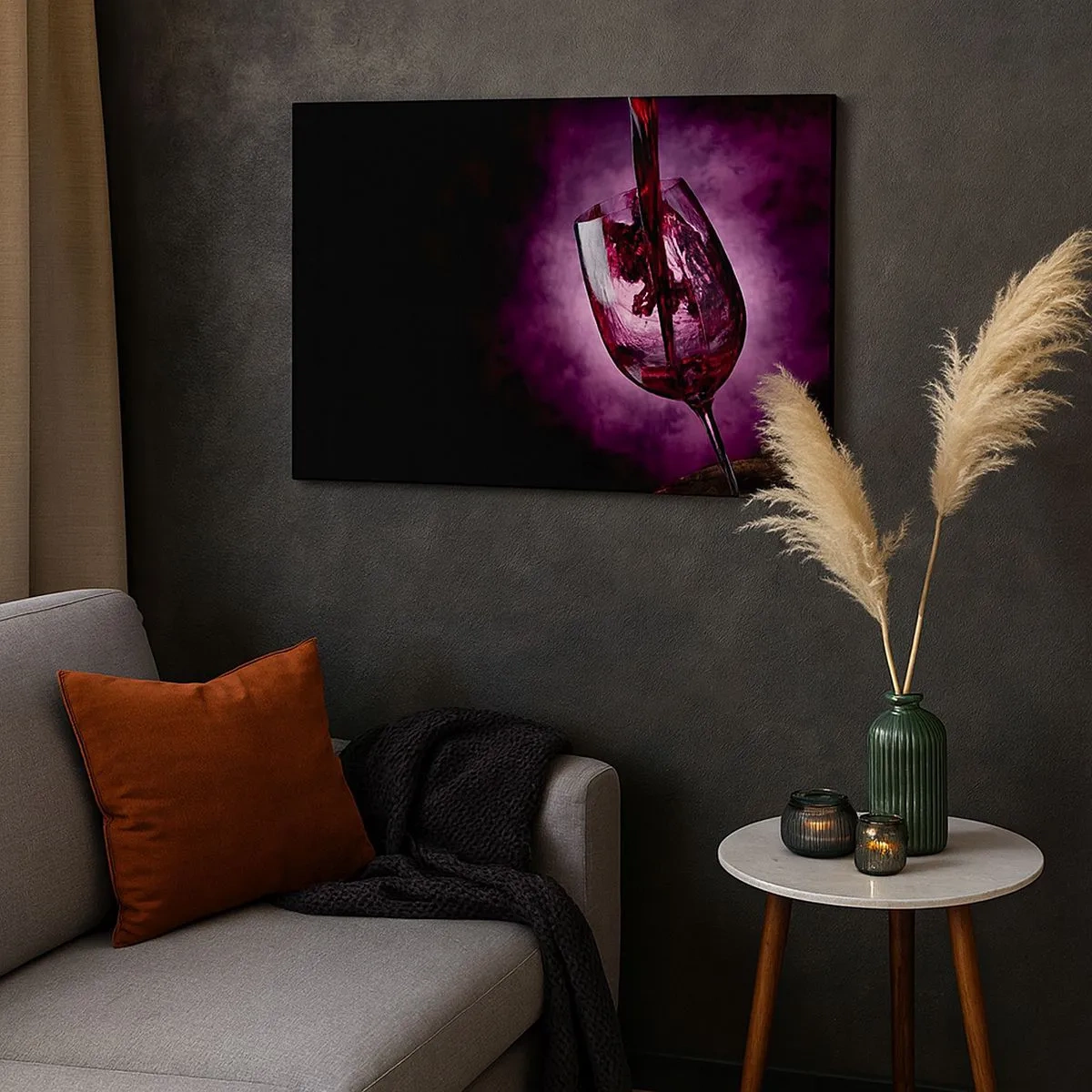 Impression sur toile - Image sur toile - Du vin rouge versé dans un verre sur fond de fumée violette - 70x50cm - Écarlate? Carmin? Non, rubis. - Décoration murale moderne pour le salon et la chambre ARTTOR