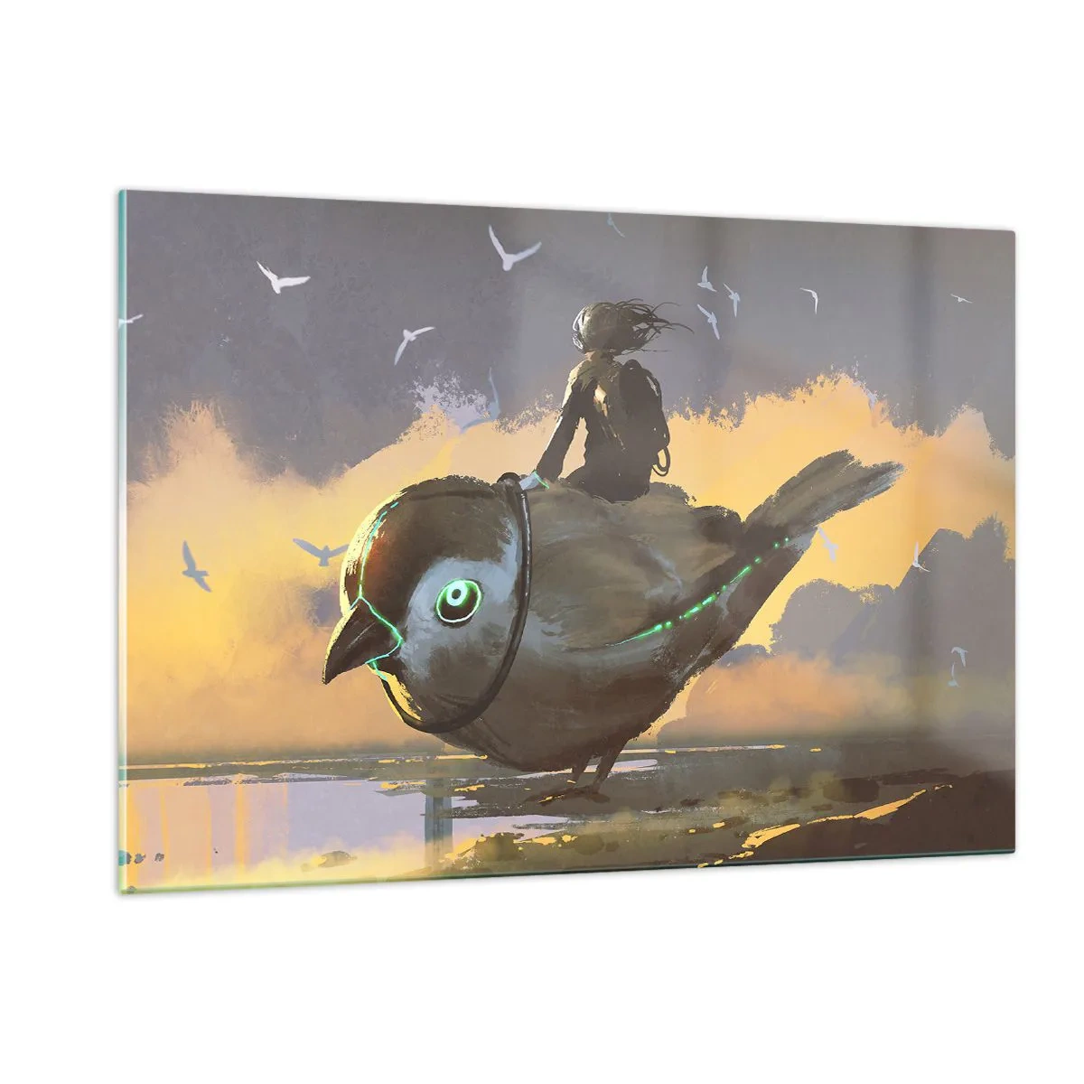 Impression sur verre - Image sur verre - Une figure sur un oiseau géant à la lumière du soleil couchant - 120x80cm - Un arrêt sur un voyage fantastique - Décoration murale moderne pour le salon et la chambre ARTTOR