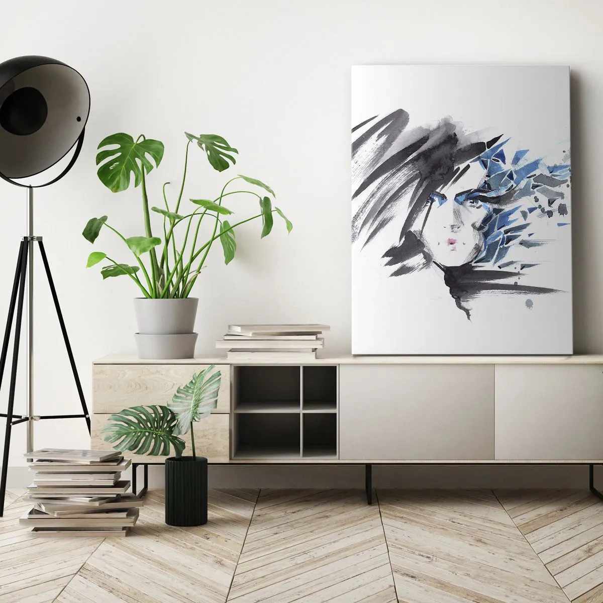 Impression sur toile - Image sur toile - Portrait sensuel en gris et bleu - 65x120 cm