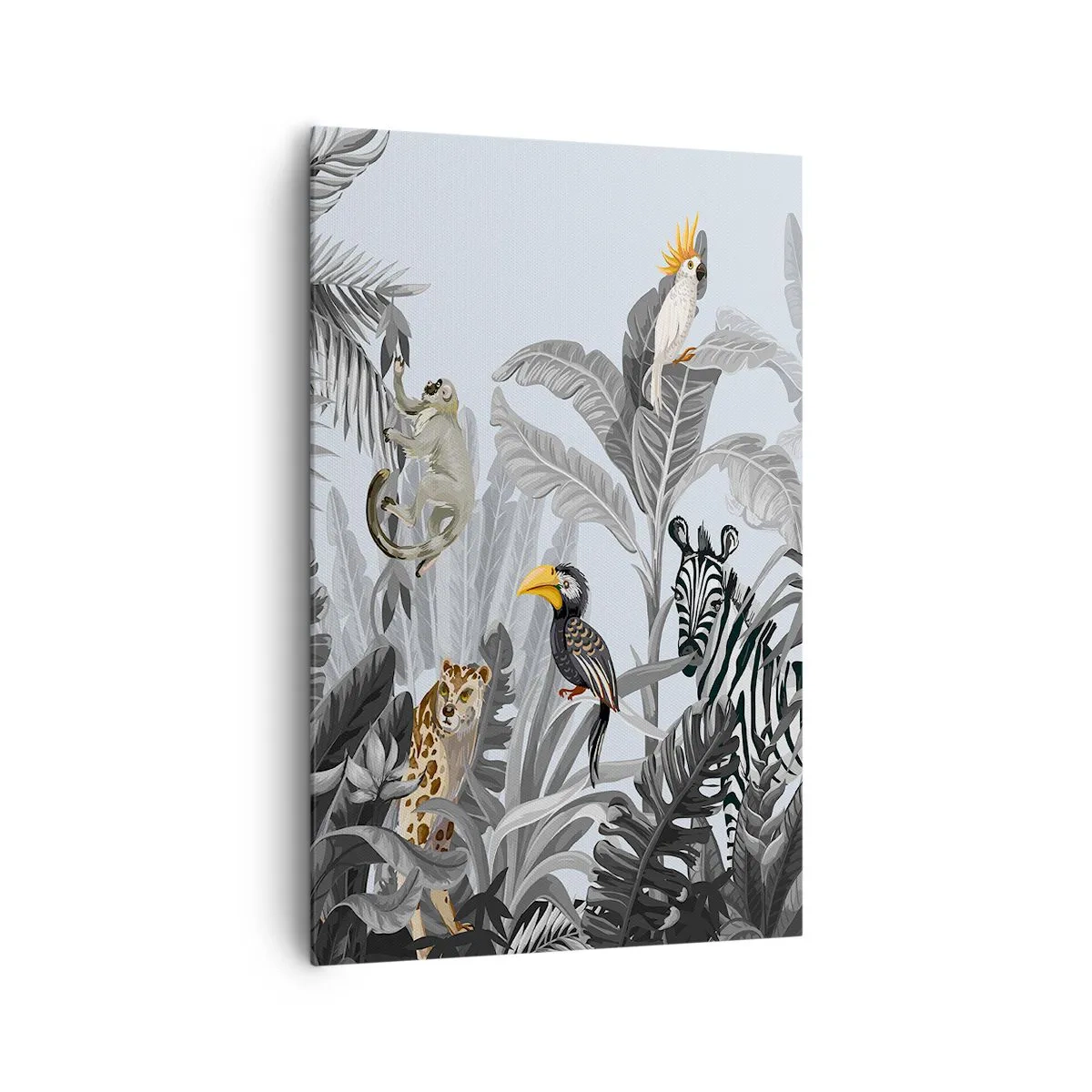 Impression sur toile - Image sur toile - Jungle tropicale avec des animaux exotiques sur fond gris - 80x120cm - Conte de fées africain - Décoration murale moderne pour le salon et la chambre ARTTOR