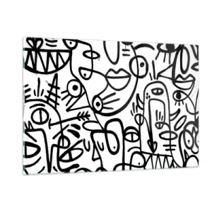 Impression sur verre - Image sur verre - Abstraction en noir et blanc avec des yeux, des visages et des lignes - 120x80cm - Visages et mirages - Décoration murale moderne pour le salon et la chambre ARTTOR