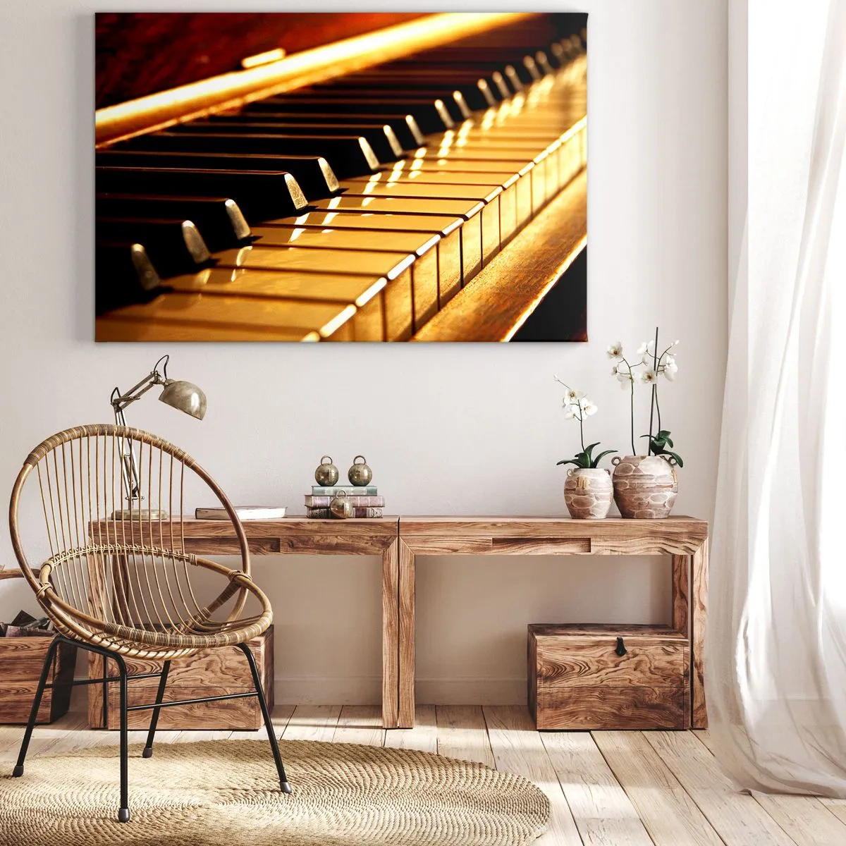 Impression sur toile - Image sur toile - Clavier de piano sous un éclairage doré - 100x70cm - Des possibilités infinies - Décoration murale moderne pour le salon et la chambre ARTTOR