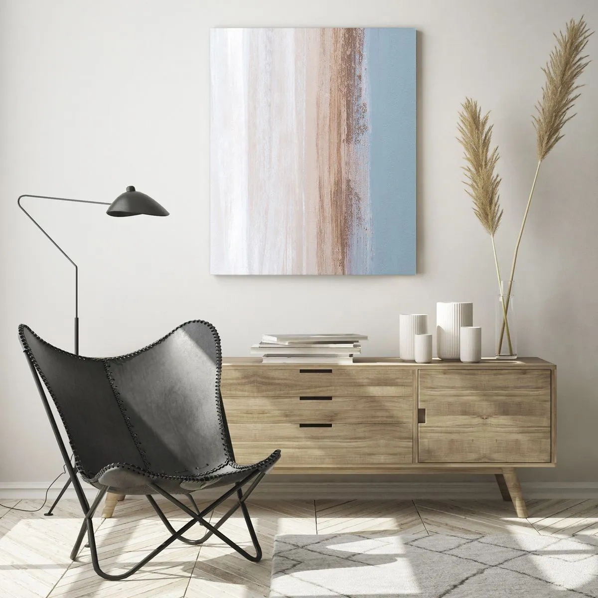 Impression sur verre - Image sur verre - Un paysage subtil aux tons pastel de bleu et de beige - 70x100cm - Paysage ambigu - Décoration murale moderne pour le salon et la chambre ARTTOR