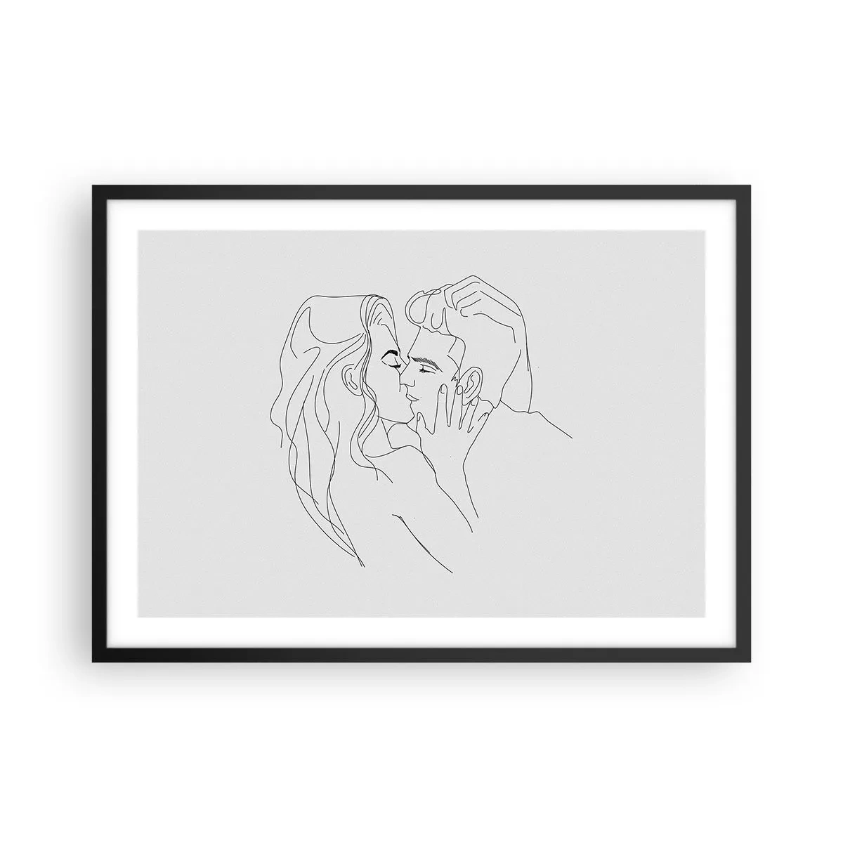 Affiche dans un cadre noir - Poster - Le contour d'un couple s'embrassant sur un fond clair - 70x50cm - La même ligne - Décoration murale moderne pour le salon et la chambre ARTTOR