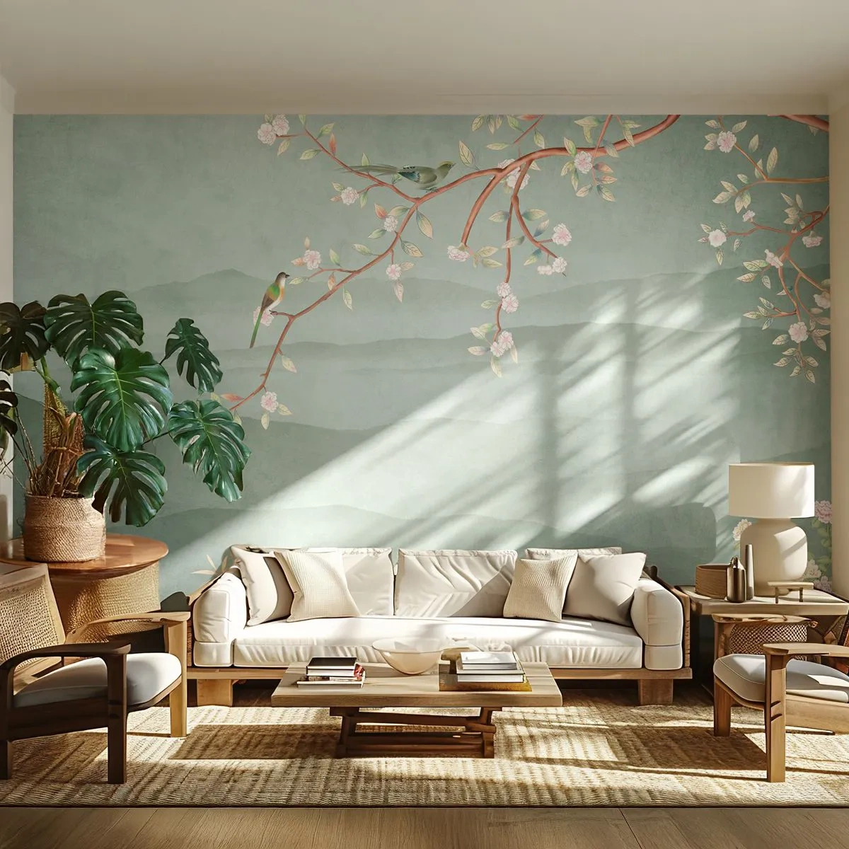 Papier Peint Autocollant Deluxe Sticker - Printemps oh c'est toi - Pastel, Des oiseaux, Fleurs - 350x256 cm