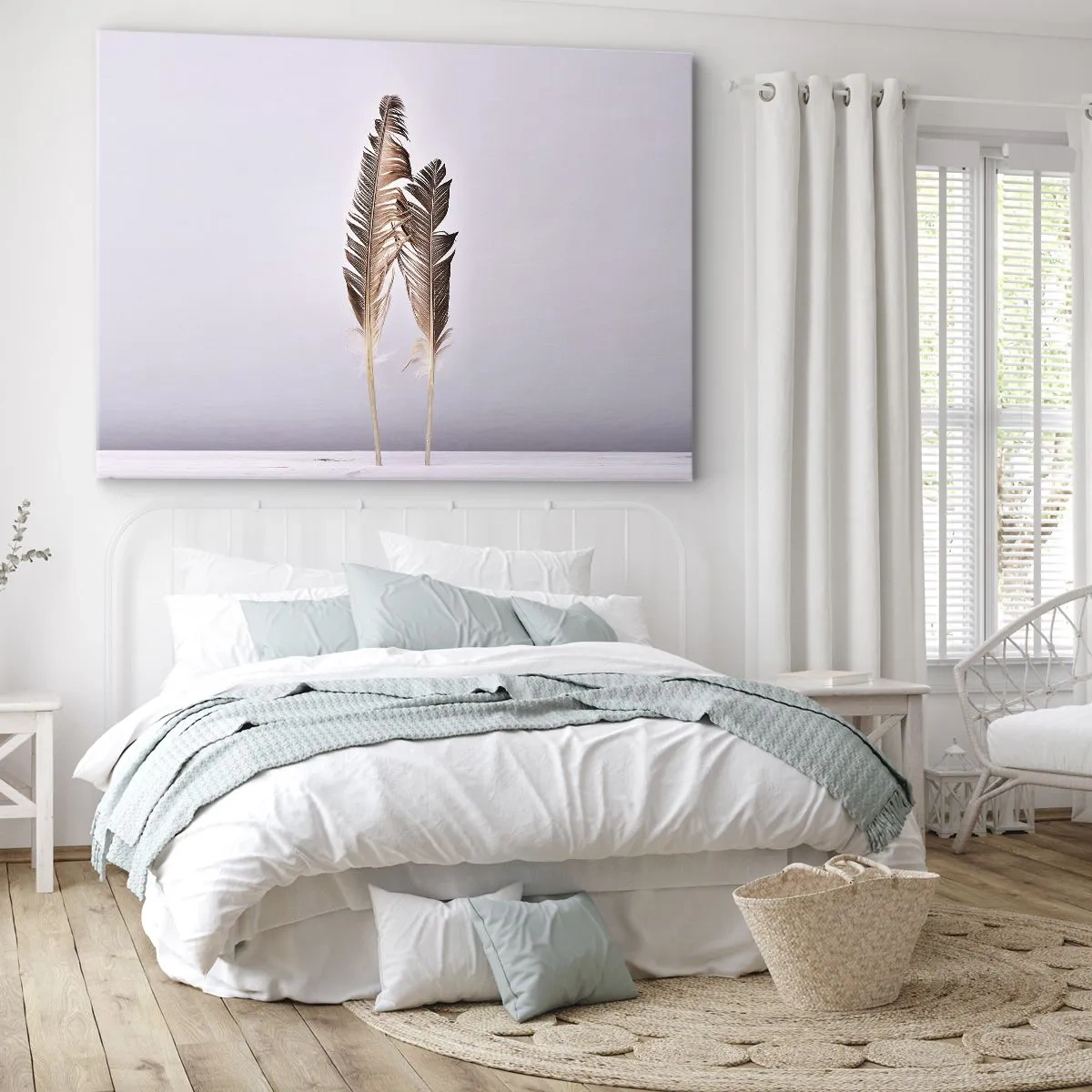Impression sur toile - Image sur toile - Plumes délicates sur fond clair dans un style minimaliste - 70x50cm - Face au néant - Décoration murale moderne pour le salon et la chambre ARTTOR