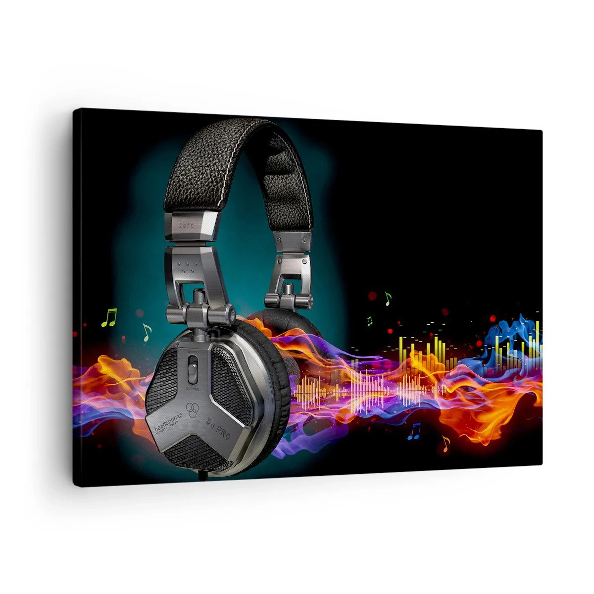 Impression sur toile - Image sur toile - Casque noir avec effet de visualisation musicale colorée - 70x50cm - Dans le feu de la musique - Décoration murale moderne pour le salon et la chambre ARTTOR