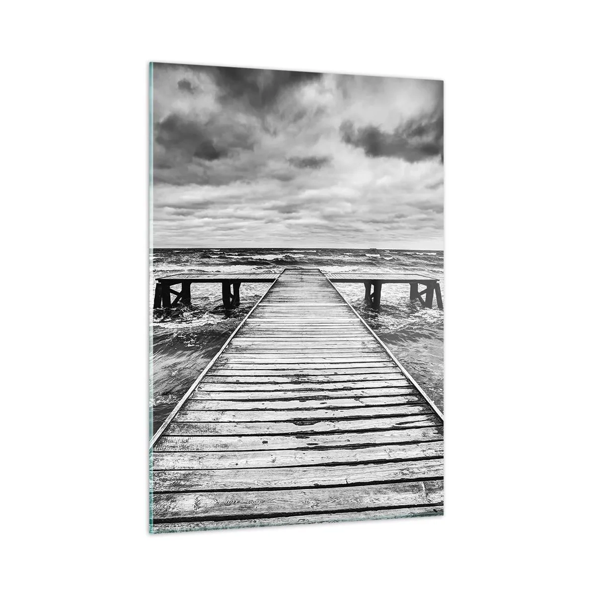 Impression sur verre - Image sur verre - Une jetée noire et blanche au milieu de vagues agitées - 50x70cm - J'attends que le vent, ça le chassera... - Décoration murale moderne pour le salon et la chambre ARTTOR
