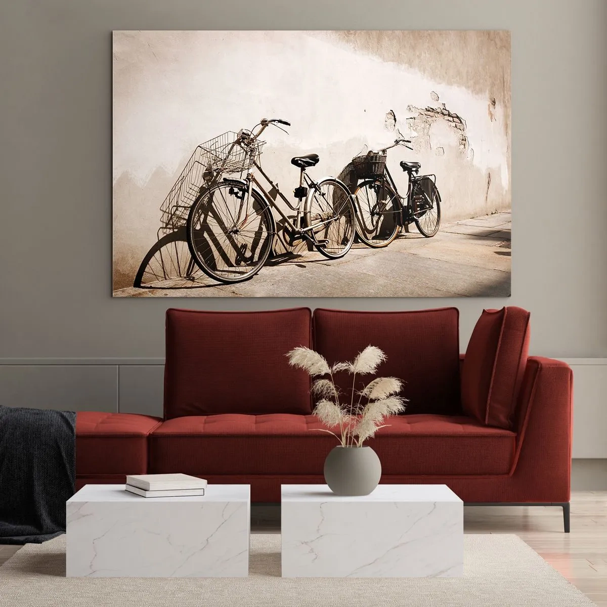 Impression sur verre - Image sur verre - Vélos rétro appuyés contre un vieux mur - 100x70cm - Le charme inoubliable du passé - Décoration murale moderne pour le salon et la chambre ARTTOR