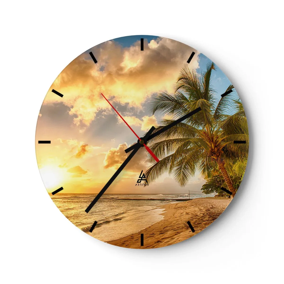Horloge murale - Pendule murale - Un cadran d'horloge avec un motif de plage tropicale et de palmiers au coucher du soleil. - 30x30cm - Été éternel, toujours des vacances - Décoration murale moderne pour le salon, la cuisine et la chambre ARTTOR