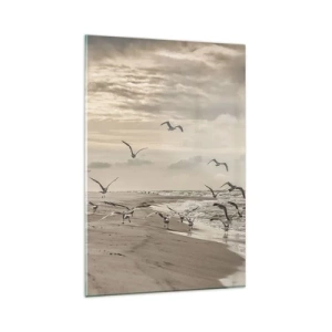 Impression sur verre - Image sur verre - Une mouette en vol au-dessus d'un paysage balnéaire - 80x120cm - Le bruit de la mer, le chant des oiseaux - Décoration murale moderne pour le salon et la chambre ARTTOR