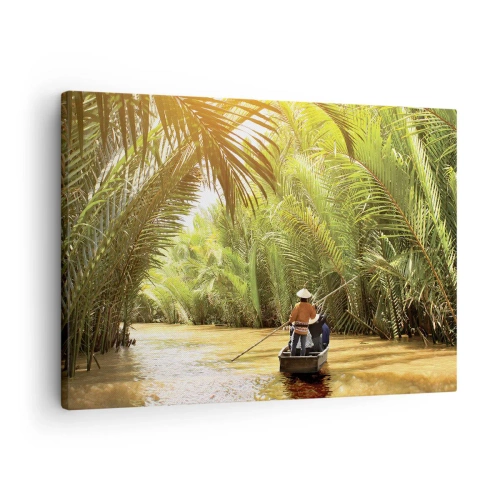 Impression sur toile - Image sur toile - Un bateau sur une rivière entourée de végétation tropicale - 70x50cm - Ravin de palmier - Décoration murale moderne pour le salon et la chambre ARTTOR